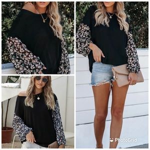 Brand New Black Blossom Contrast Swiss Dot Knit Top